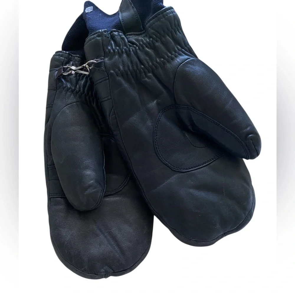 VINTAGE SARAMAC INSULATED BLUE LEATHER SKI MITTENS. One Size Fits up to Size XL
